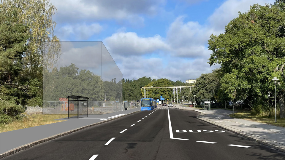 Fotomontage busskörfält och busshållplatser omgivet av träd.
