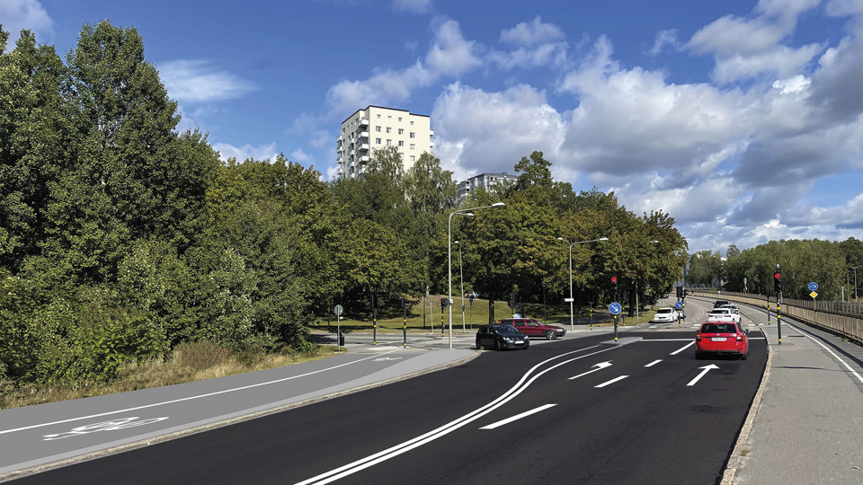 Fotomontage av bilväg och korsning. Träd längs vägen och bostadshus som skymtar.