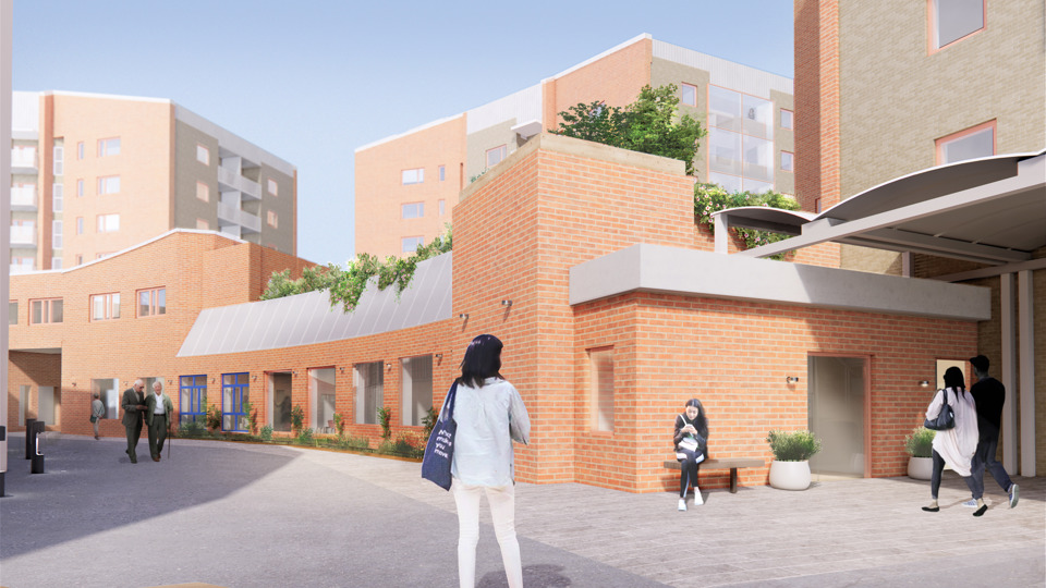 Vy över tillkommande bebyggelse mot Rågsvedsslingan. Närmast i bild synd ny tillbyggnad för exempelvis vaktmästeri eller cykelrum. Bild: MAF/Tengbom arkitekter.