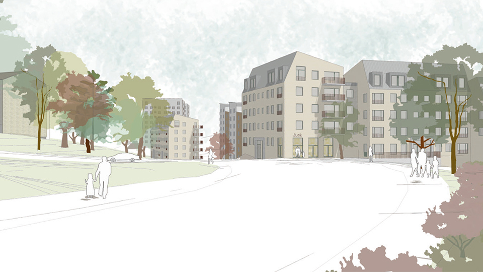 Flerbostadshus i olika storlekar vid Havsörnsvägen, omgivna av gröna ytor och träd. Till höger i bild skymtar en röd byggnad. Människor i rörelse. Illustration