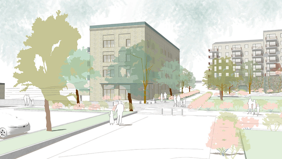 Flerbostadshus runt ett torg med gångbanor, gröna ytor, buskar.  Människor i rörelse. Illustration