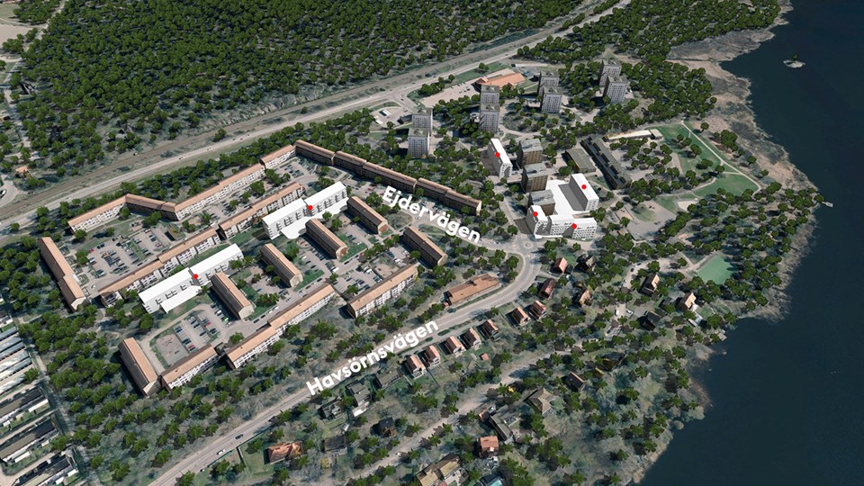 Flygvy som visar området vid Ejdervägen och Havsörnsvägen. De nya bostäderna är markerade med röda punkter. Illustration