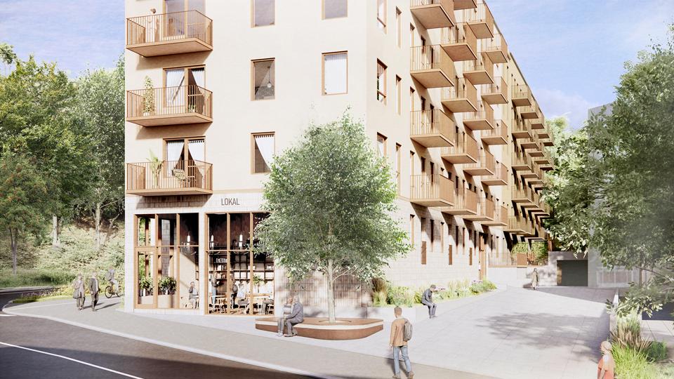 Visionsbild över den föreslagna bebyggelsen öster om Havsörnsvägen, med en planerad lokal i bottenvåningen.