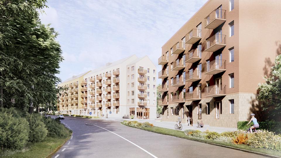 Visionsbild som visar föreslagen bebyggelse längs med Magelungsvägen.