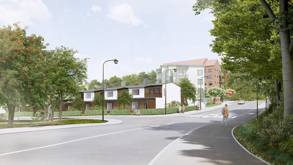 Visionsbild som visar föreslagna radhus längs Skrattmåsvägen. I bakgrunden syns förslagna flerbostadshus mot Magelungsvägen och mellan dem befintliga punkthus.