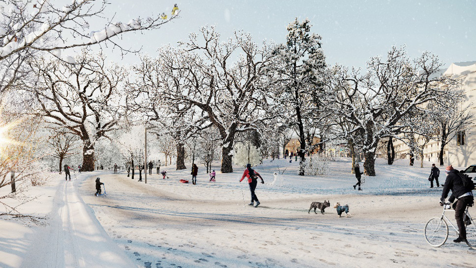 Gångstråk och rekreationsytor, människor i rörelse, snö, illustration.