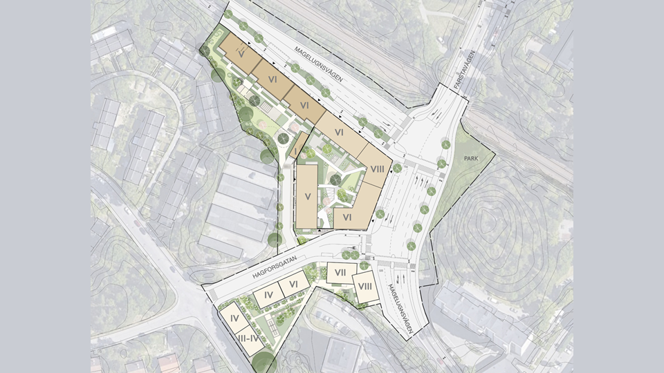 Kartvy som visar den föreslagna bebyggelsens placering längs tre kvarter invid Magelungsvägen, Farstavägen och Hagforsgatan. Illustration