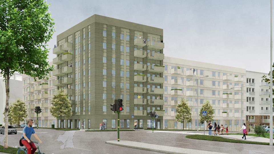 Flerbostadshus i olika höjder och i gröna och ljusbeige nyanser, vid en gatukorsning.  Flera rödljus i korsningen och människor som går och cyklar. Illustration