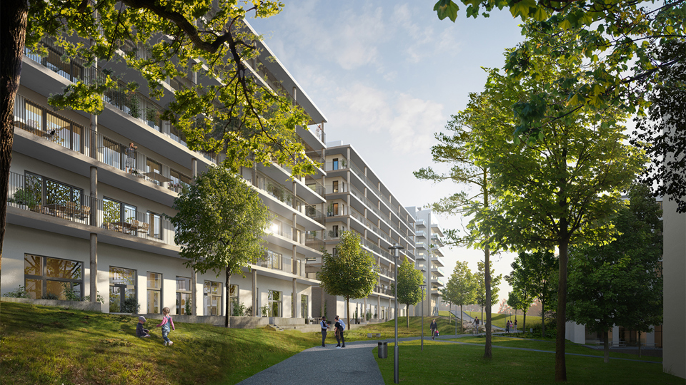 Flerbostadshus med loftgångar vid gårdssida. Träd, gångväg, gräsmatta och människor i rörelse. Illustration