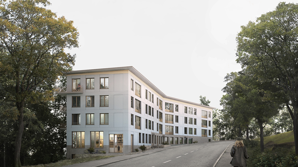 Flerbostadshus vid väg kantad av träd. Illustration