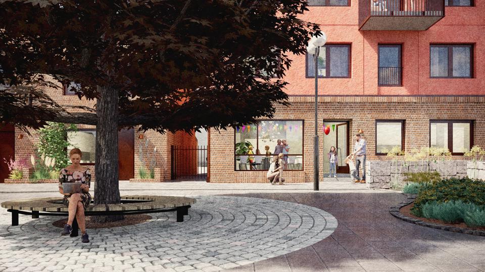 Stenbelagt torg med träd framför hus. En kvinna som sitter och läser på en bänk under trädet, illustration.