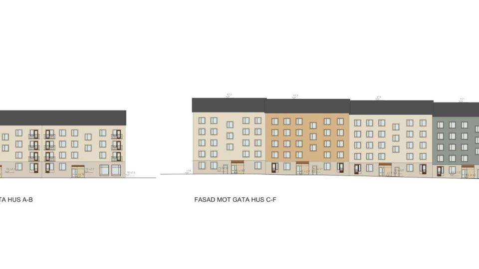 Illustration med bostädernas fasader mot gatan. 