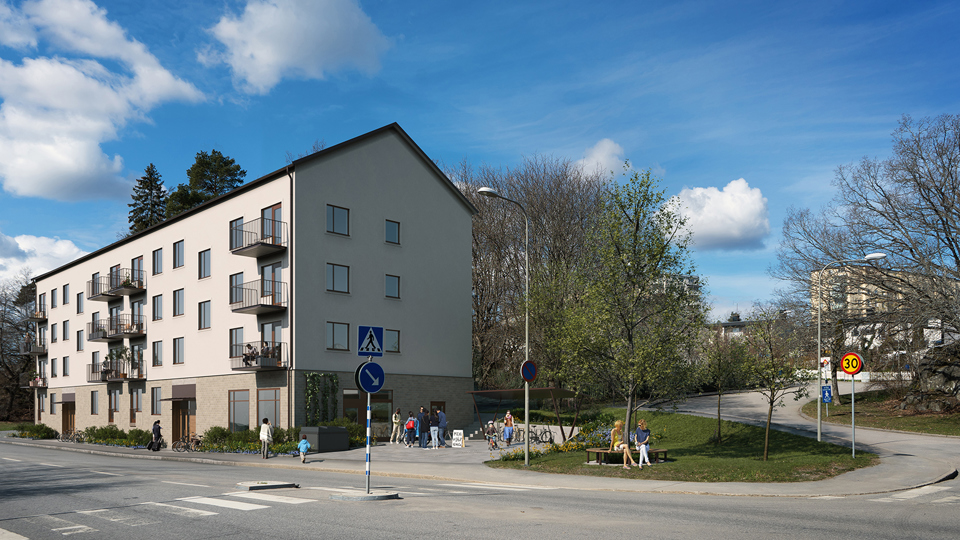 En gatukorsning där mans er ett beiget fyrvåningshus på andra sidan vägen. Personer i rörelse. Illustration.
