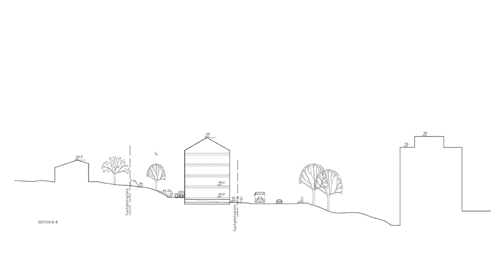Illustration över sektion som visar hur byggnaden kommer placeras.