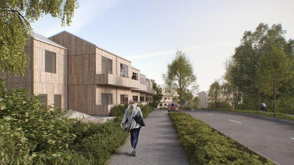 Gångväg med vy mot flerbostadshus med fasad i trä, längs med gata, illustration.