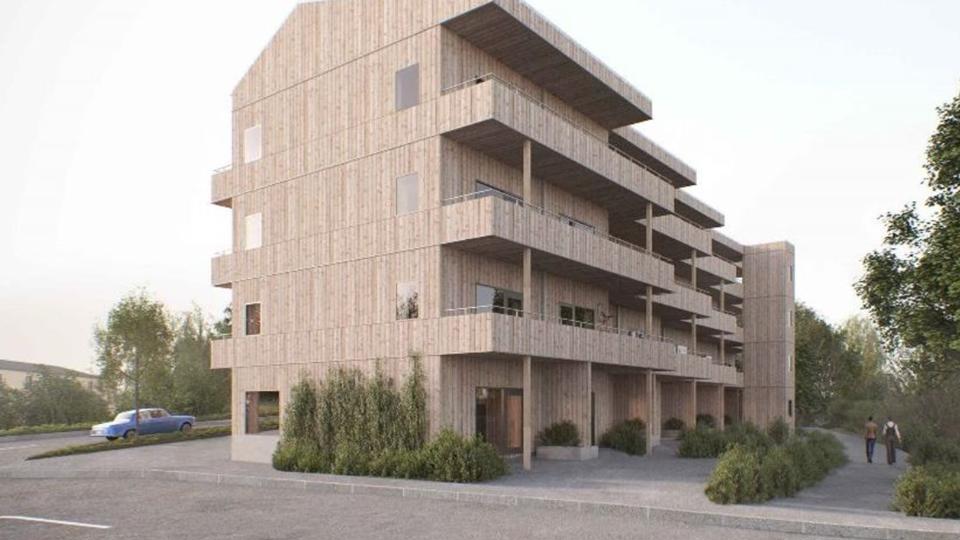 Flerbostadshus med fasad i trä, balkonger längs hela fasaden på en sida, illustration.