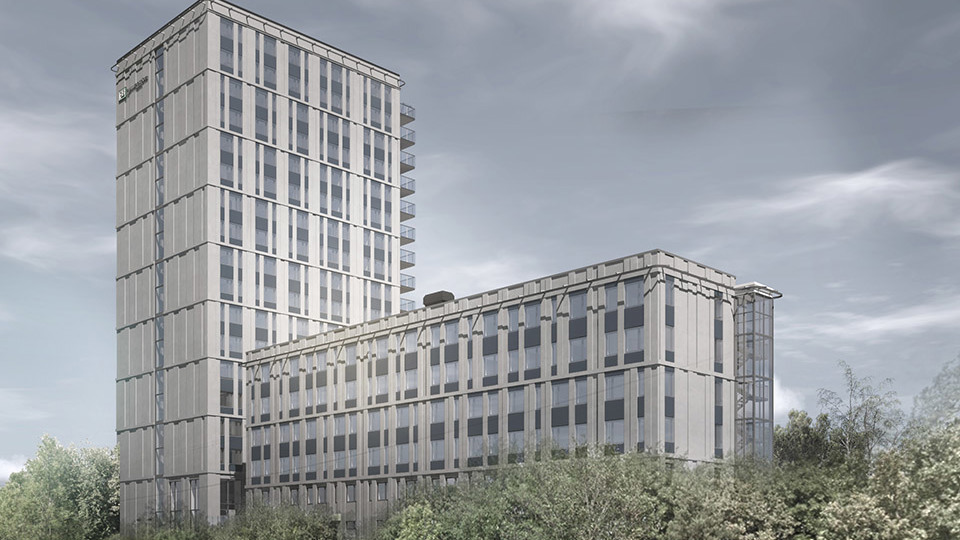 Bostadshus i nivåer bakom träddunge, illustration.