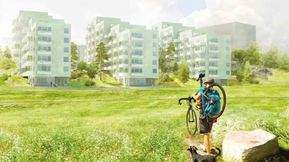 Vy över grönområde, person bärande på cykel. I bakgrunden tre lamellhus i ljusgrönt, illustration.
