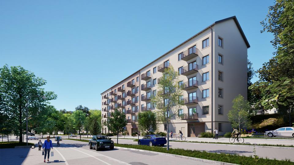 Gata med hus, träd, bilar och folk i rörelse. 