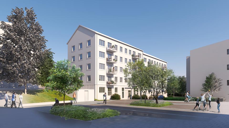 Bild över innergård och bostadshus. 