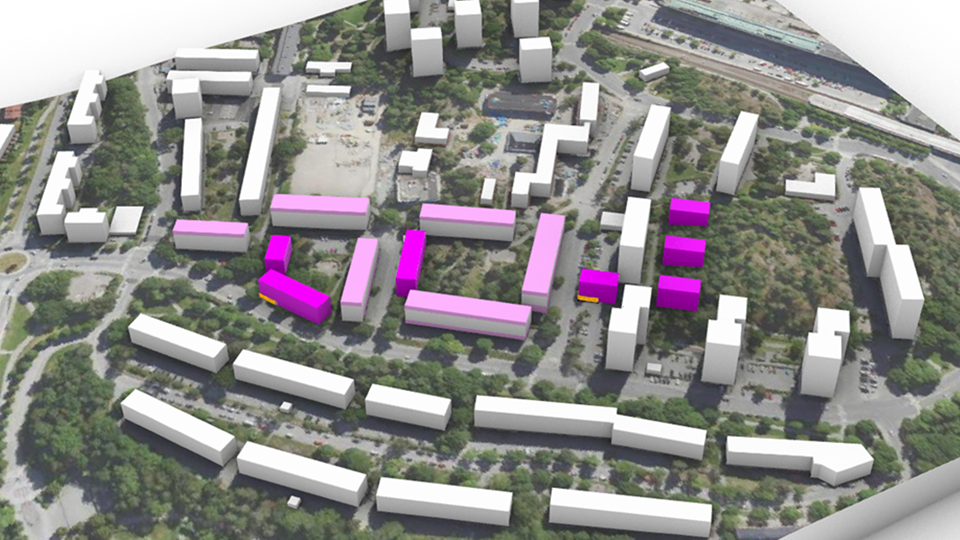 Bild över planområdet i 3D rendering med skiss över de nya byggnaderna i ljusrosa och mörkrosa. 