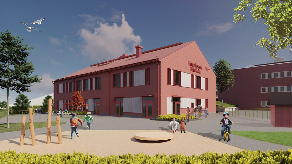 Illustration av en röd byggnad och barn som leketr på en gård runtomkring.