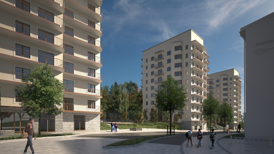 Ljusa höga flerbostadshus med stora balkonger.