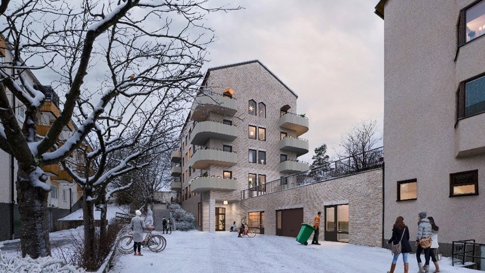 Vy mot flerbostadshus med tegelfasad och ingång till garage, människor i rörelse, vinter, illustration.
