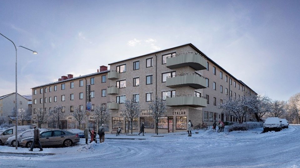 Vy mot flerbostadshus med tegelfasad och verksamheter på gatuplan, parkerade bilar, människor i rörelse, vinter, illustration.