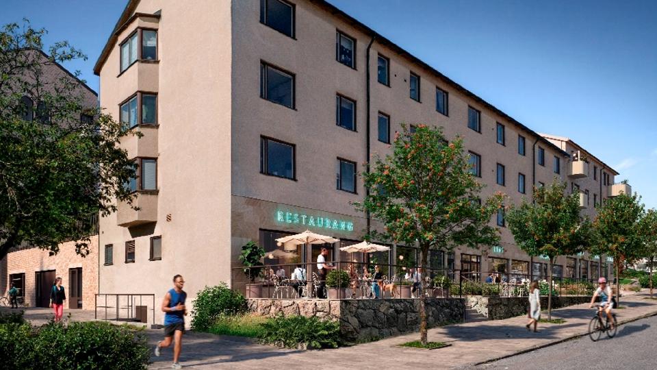 Hus med uteplats, cyklist, löpare och gångare. 