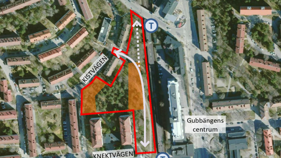Flygvy över Gubbängen med föreslaget planområde, ny bebyggelse och gångkopplingar markerat, foto. 