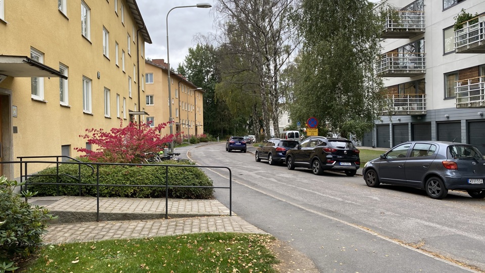 Kistvägen  med flerbostadshus på båda sidor. Skog i bakgrunden, foto.