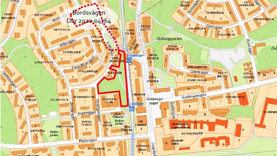 Karta över Gubbängen med planområdets föreslagna läge och närliggande pågående detaljplan markerat.
