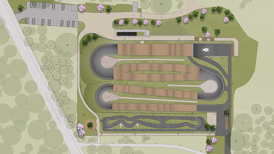 BMX-banan sett från ovan med banor, parkering och planteringar. Illustration. 