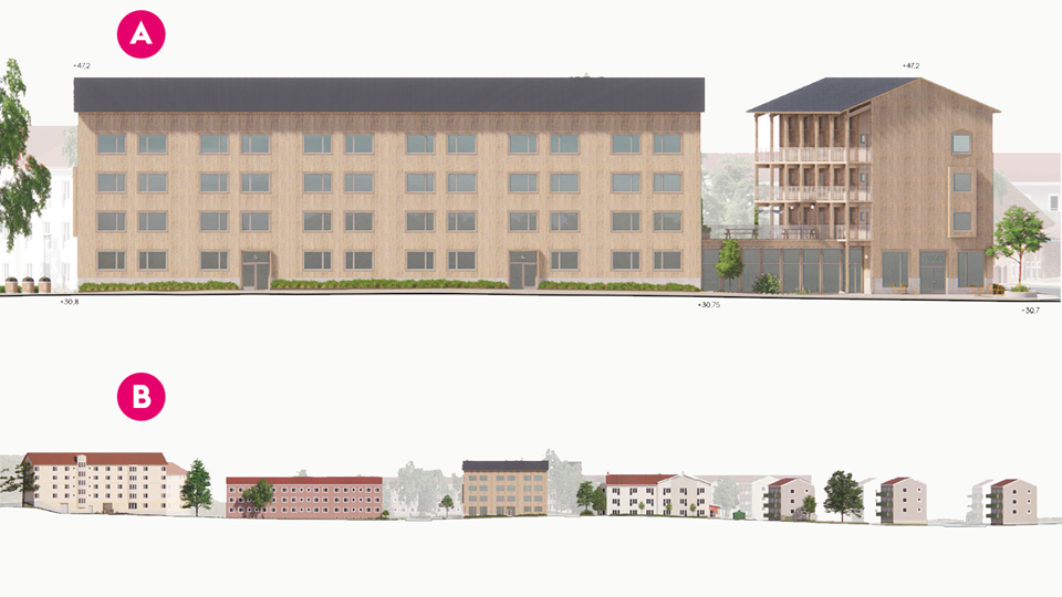 Övre delen av bilden visar fasad och gavel på två flerbostadshus. Undrre delen av bilden visar flera flerbostadshus längs en gata och marknivån längs med husen. Illustration