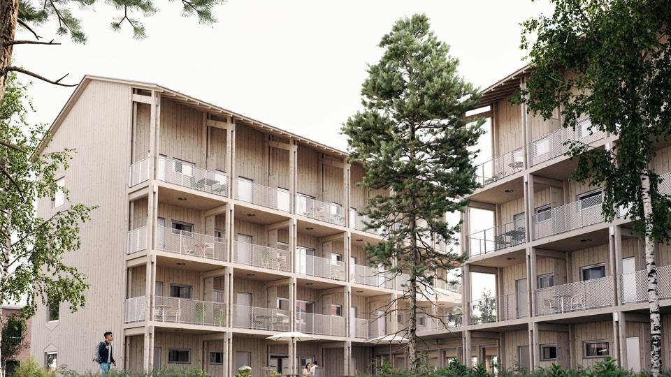 Flerbostadshus med loftgångar mot grönska, illustration.