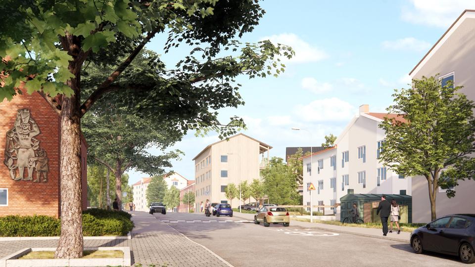 Gata kantad med träd och flerbostadshus. Människor som promenerar, illustration.