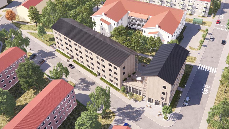 Flygvy över flerbostadshus omgivna av gator och träd, illustration.