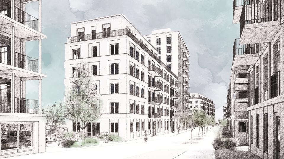 Fem flerbostadhus placerad längs en gata. 