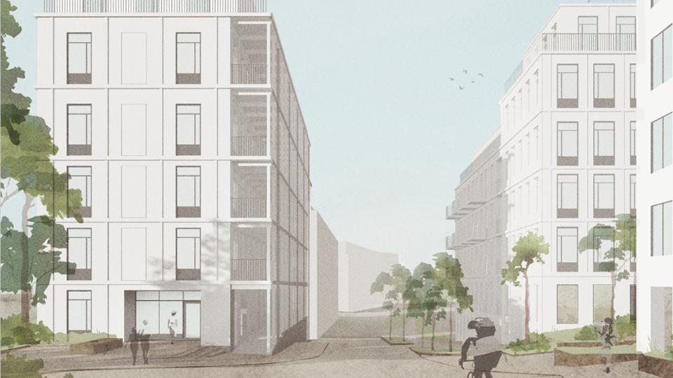 Två flerbostadshus vid en vändplan. 
