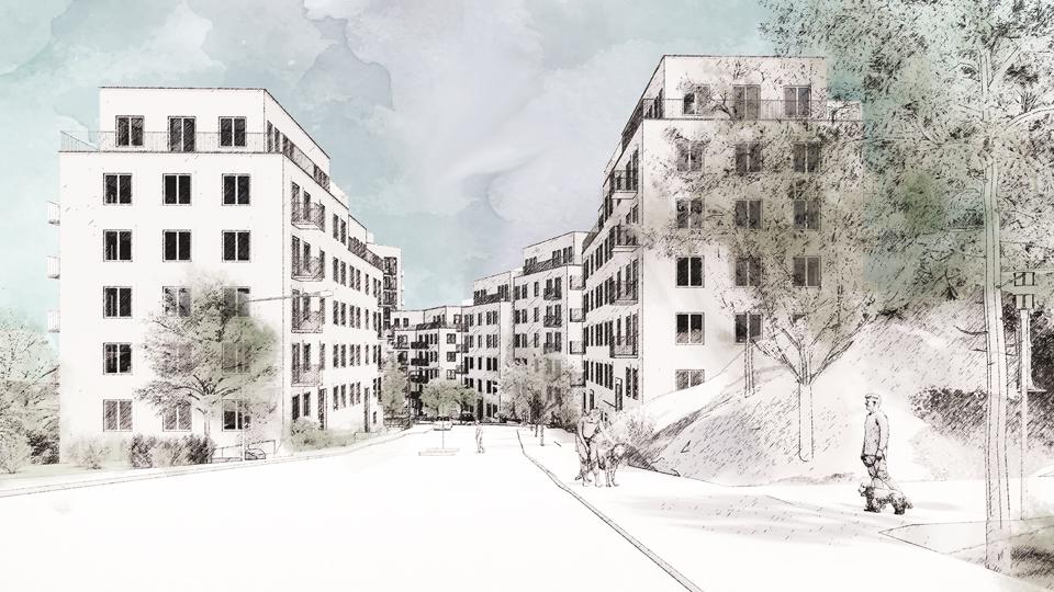 Gata med två flerbostadshus längs med båda sidor av gatan. 