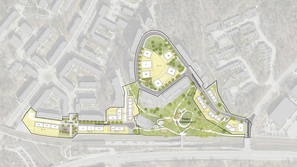 Karta som visar placeringen av de olika kvarteren i planområdet samt vånings antal. 