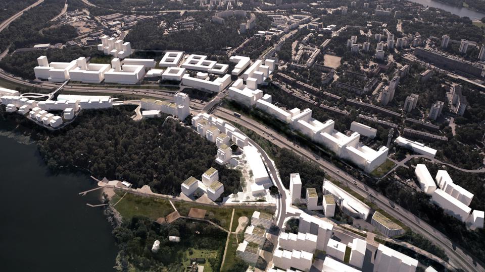 Flygvy över planförslaget för Karlsviks strand, planerade hus är markerade i vitt. Ovan i bild syns Telestaden, Illustration