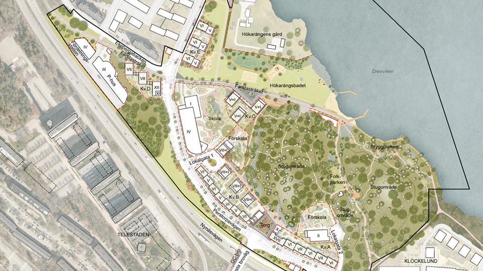 Karta som visar planområdet mellan Drevviken till höger i bild och Telestaden till vänster i bild. 