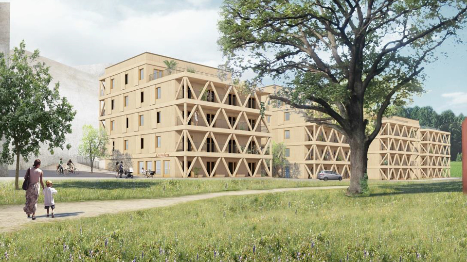 Moderna ljusa hus i grönskade område, illustration.