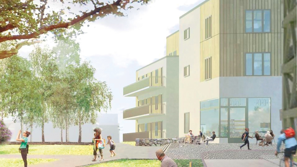 Grönskande park med människor intill flerfamiljshus, illustration.