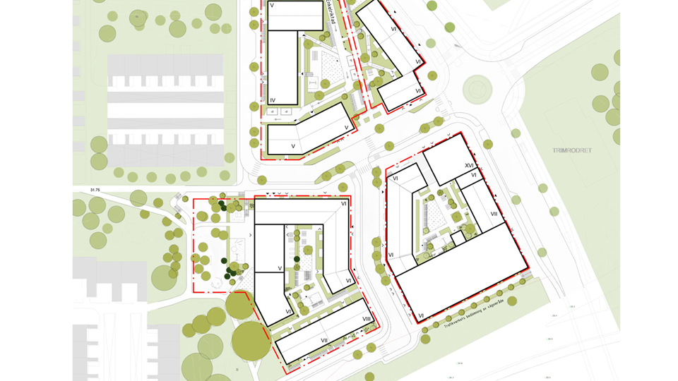 Illustrationsplan med ny gatu- och bebyggelsestruktur illustrerat, illustation.