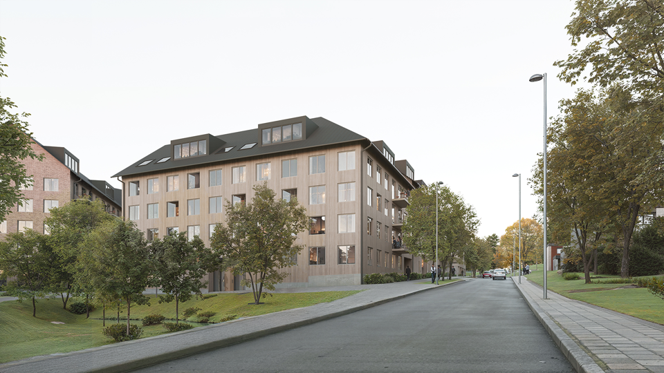 Flerbostashus i tegel vid grön innergård och gata. 