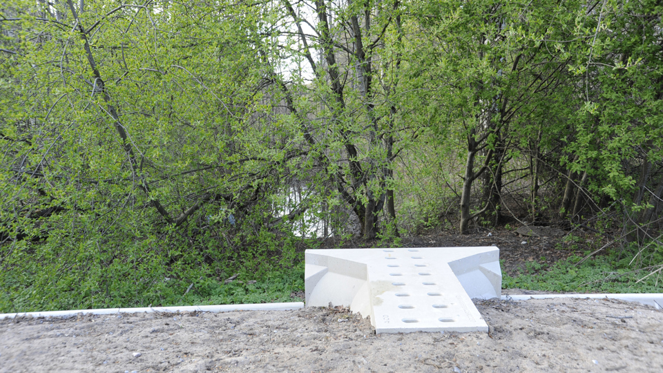 Ovansidan av en grodtunnel. I bakgrunden syns grönskande träd.
