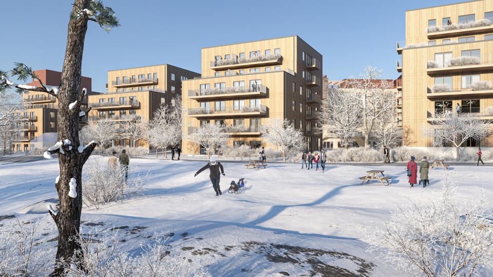 Vy mot fyra punkthus på rad, snö, människor i rörelse, illustration.